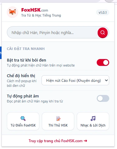 Bước 3.2: Popup cài đặt tra nhanh