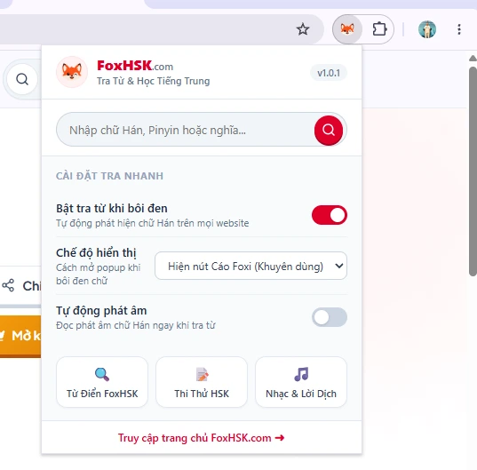 Giao diện popup FoxHSK Extension